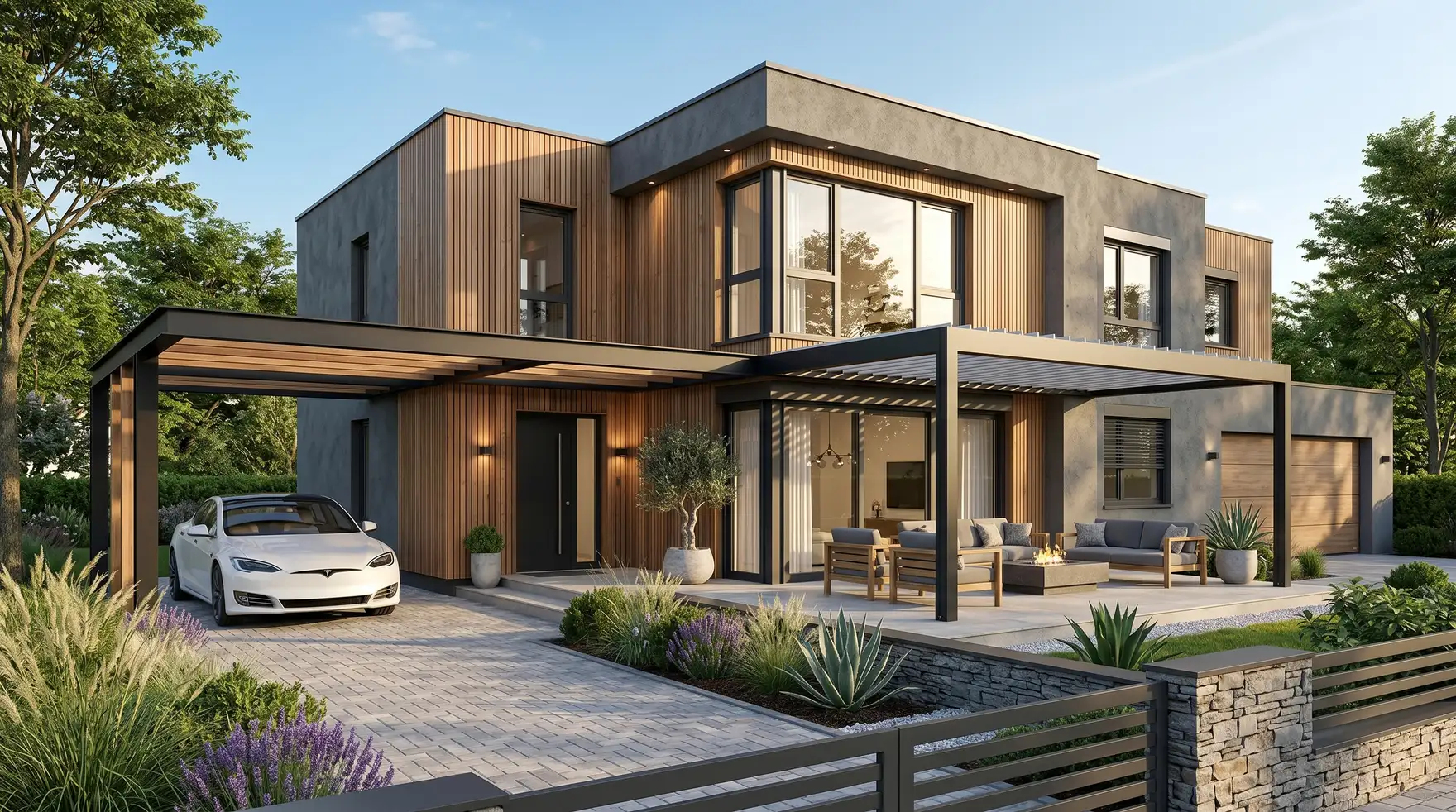 Maison contemporaine avec pergola, carport et baies vitrées posées par ISO 02